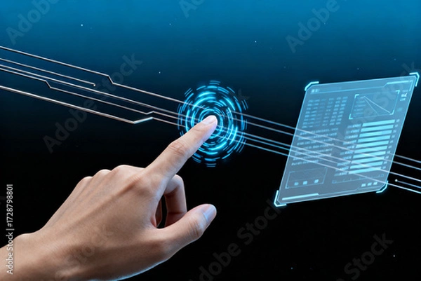 Fototapeta Hand interacting with futuristic holographic interface and data display