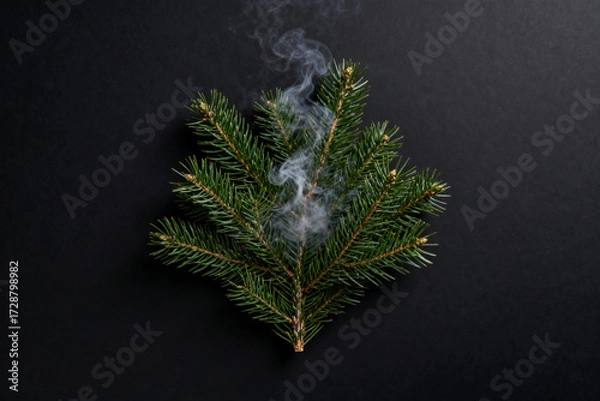 Fototapeta Spruce branch with rising smoke on dark background