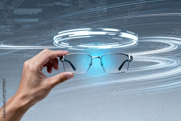 Fototapeta Hand holding futuristic smart glasses with digital interface and glowing rings in a high-tech environment