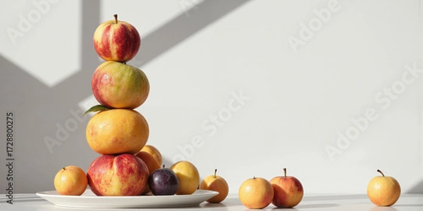 Fototapeta A stack of colorful summer fruit-peaches, nectarines, and plums-arranged artfully on a white plate, the natural light enhancing the fruit's