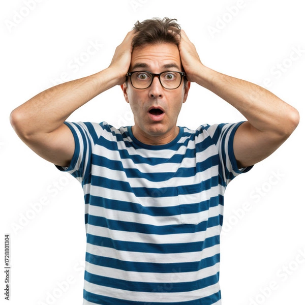 Fototapeta Surprised man with hands on head isolated on transparent background