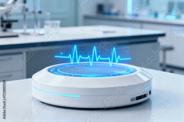 Fototapeta Futuristic medical device with holographic heart rate display in a laboratory setting