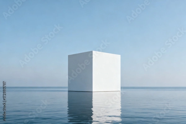 Fototapeta A large white cube floating on calm water under a clear blue sky