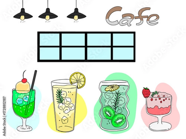 Fototapeta お洒落なカフェのドリンクの手描きイラスト・カフェ・メニュー・ラベルデザイン