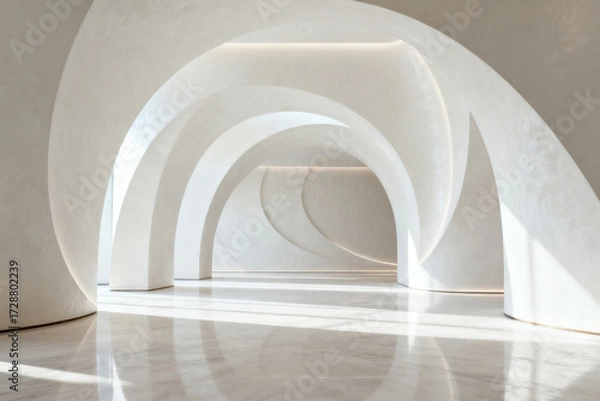 Fototapeta Modern architectural space with curved white arches and reflective floor