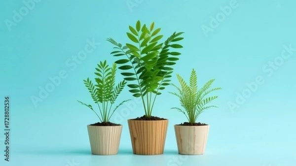 Obraz A stylish arrangement of three indoor potted plants in modern white pots, set against a serene blue background.