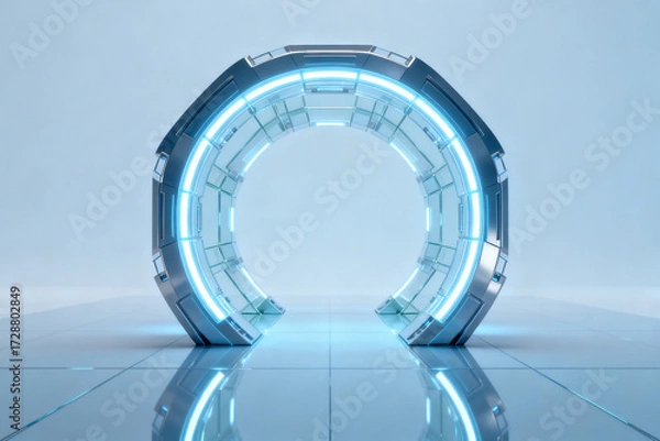 Fototapeta Futuristic circular portal with glowing blue light in a minimalist high-tech environment