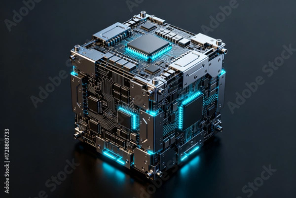 Fototapeta Futuristic metallic cube with glowing blue circuitry and electronic components