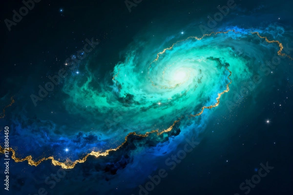 Fototapeta Spiral galaxy with vibrant teal and blue arms swirling around a bright central core against a star-filled dark space background