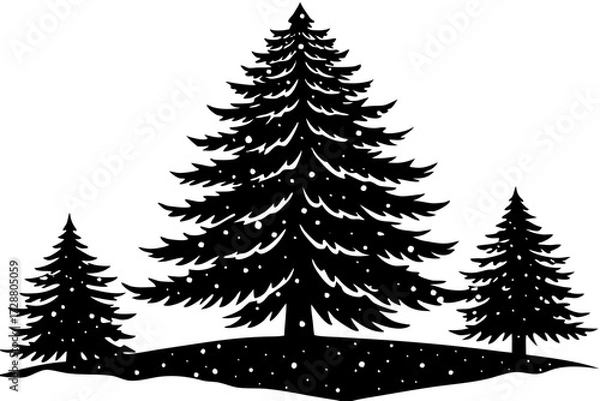 Fototapeta Vector art of winter landscape with christmas trees silhouette