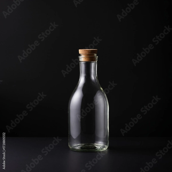 Fototapeta Minimalist product shot of clear glass bottle on dark Surface
