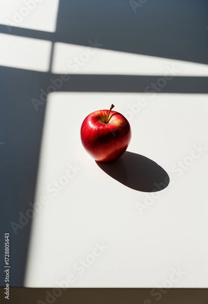 Fototapeta Photo Single red apple on stark white table, dramatic shadow