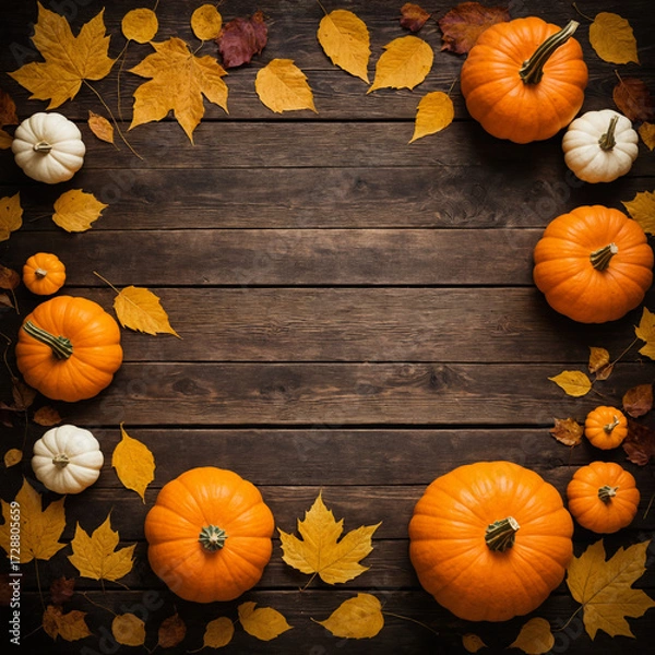Fototapeta Pumpkins and autumn leaves arranged on rustic wooden table for Halloween