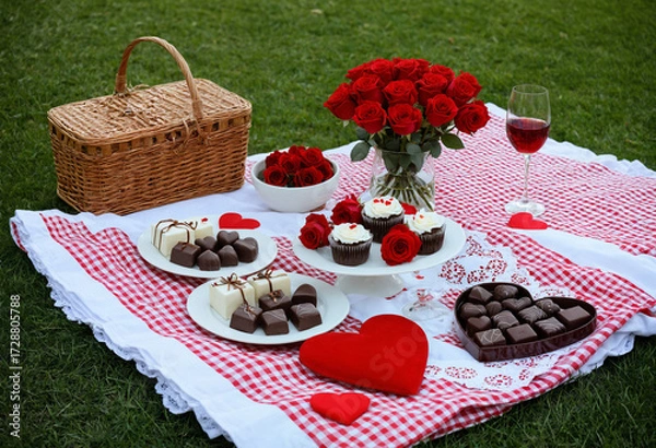 Fototapeta Photo Valentines Day romantic picnic setup with roses and chocolates