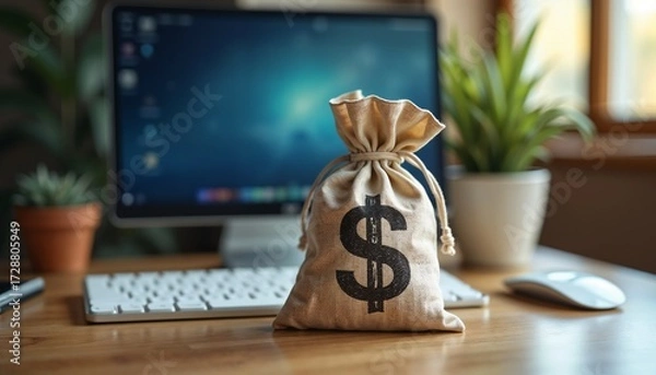 Obraz A money bag with a dollar sign sits on a wooden desk next to a computer and a potted plant. The scene conveys themes of finance and productivity.