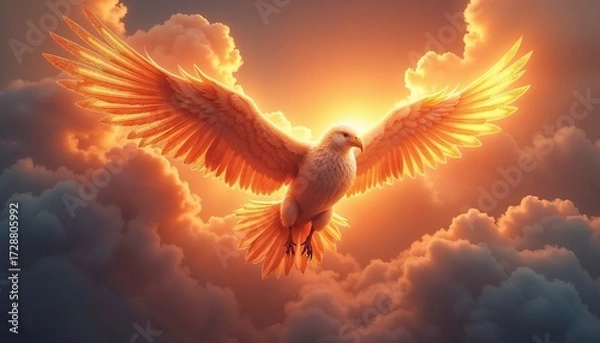Obraz A majestic white bird with large wings soaring through vibrant clouds at sunset. The scene captures the beauty of nature and freedom.