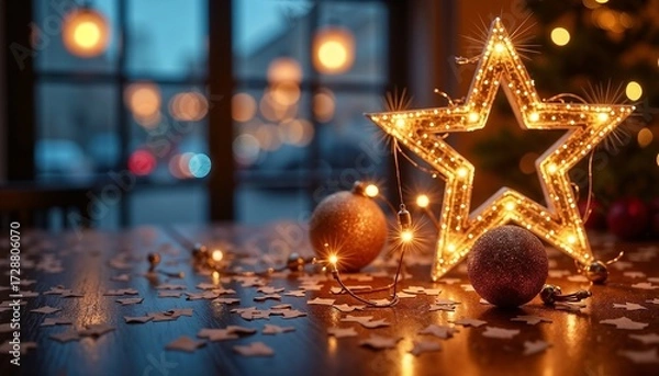 Obraz A glowing star decoration with warm lights sits on a wooden table. Nearby, shiny ornaments and scattered snowflake cutouts create a festive atmosphere.