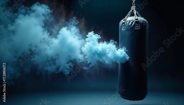 Obraz A black punching bag hangs from a chain, surrounded by blue smoke. The background is dark, creating a dramatic atmosphere for fitness or boxing themes.