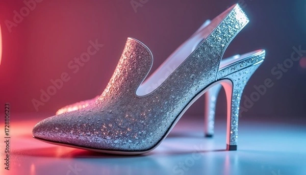 Obraz A pair of elegant silver high-heeled shoes with a sparkling finish. The shoes have an open back and pointed toes, set against a colorful background.