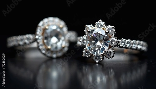 Obraz Two elegant diamond rings on a dark background. One ring features a round diamond, while the other has a floral design with multiple smaller stones.