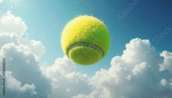Obraz A bright yellow tennis ball floats in a clear blue sky surrounded by fluffy white clouds. The scene captures a sense of freedom and playfulness.