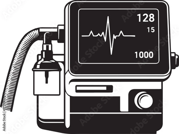 Obraz Patient Monitor Display, Black and White Vector Illustration of Heart Rate Waveform and Vital Sign Readings with Medical Sensor
