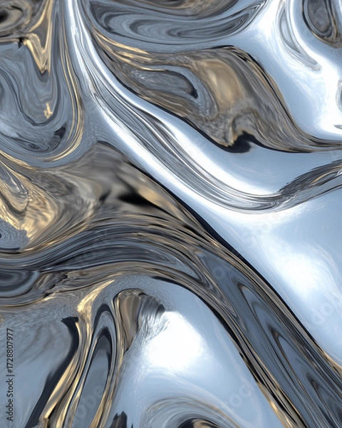 Fototapeta Liquid Silver Chrome Texture with Flowing Reflections and Organic Metallic Patterns