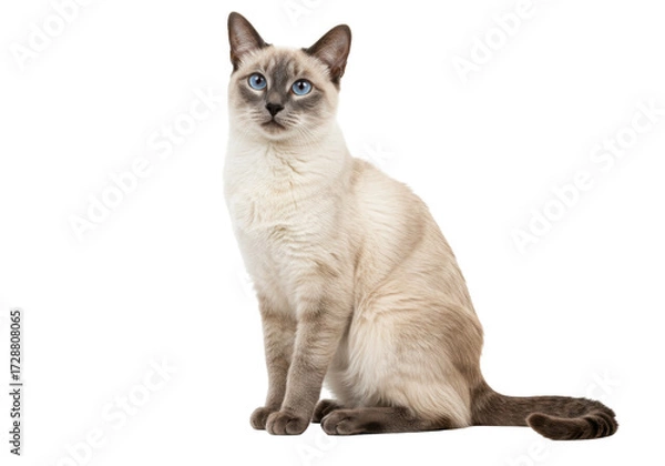 Fototapeta Isolated Siamese cat with blue eyes looking directly forward, sitting upright indoors
