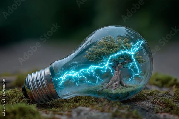 Fototapeta Light Bulb with Glowing Tree Inside Surrounded by Nature and Electric Energy Flow