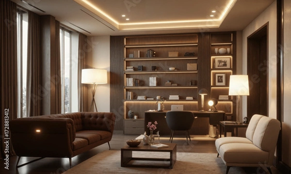 Fototapeta Elegant office lounge with plush seating, a sleek wooden coffee table, and decorative lighting. Task lighting is placed above the desk for focused