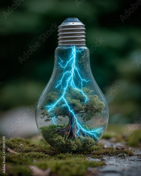 Fototapeta Light Bulb with Glowing Tree Inside Connected to Energy in Green Natural Environment