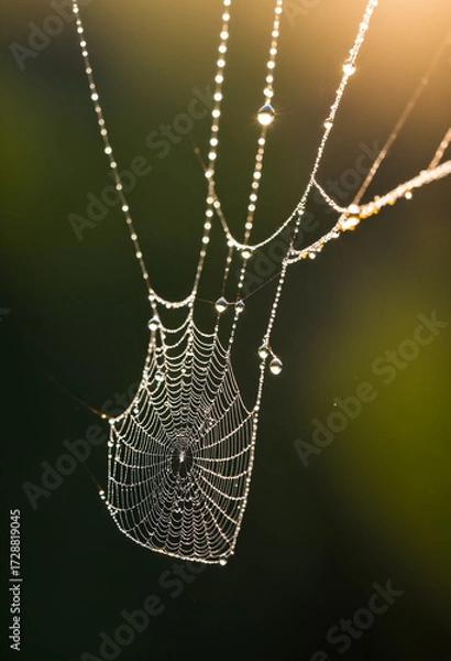 Fototapeta Tiny water droplets clinging to spider web in morning light