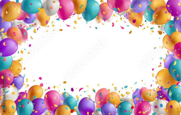 Fototapeta  happy birthday background with colorful balloons and confetti isolated on a transparent white background,.png