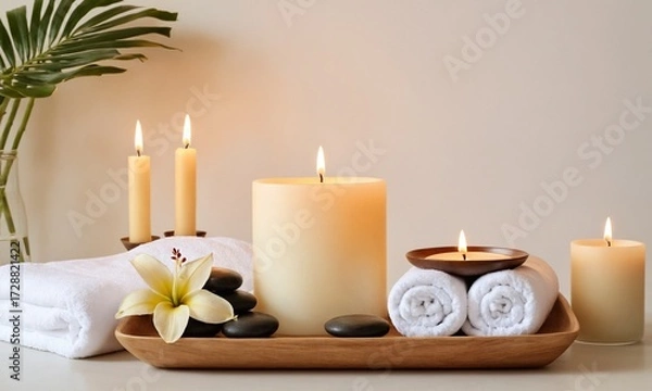 Fototapeta Serene spa arrangement with lit candles, fluffy white towels, smooth river stones, and a delicate orchid flower, evoking tranquility and relaxation.
