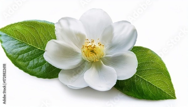 Fototapeta beautiful white flower with green leaves on a white background for design projects