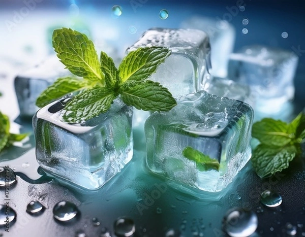 Fototapeta refreshing ice cubes and mint an artistic composition showcases glistening ice cubes amidst a burst of water droplets harmoniously intermingling with fresh vibrant mint sprigs