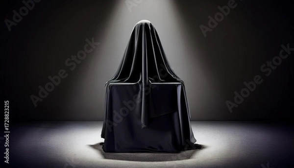 Fototapeta mysterious object under black cloth on pedestal in dark room
