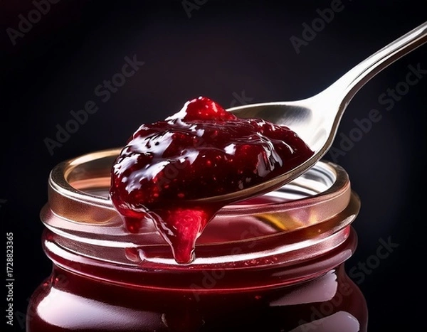 Fototapeta close up of a spoonful of dark red jam or preserves against a black background the metallic spoon and the glistening texture of the fruit spread are highlighted