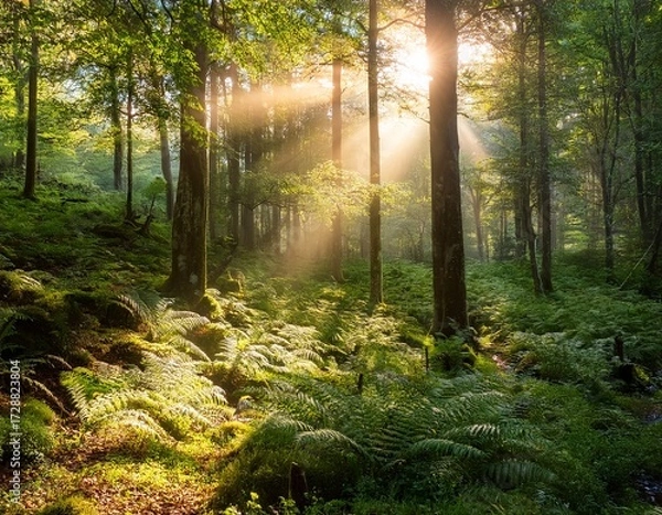 Fototapeta sunlight streams through a lush forest