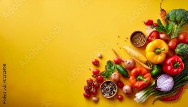Fototapeta colorful array of fresh vegetables and spices on vibrant yellow background