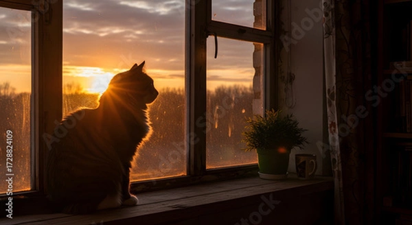 Obraz Silhouette of a cat sitting on a window sill during a beautiful sunset