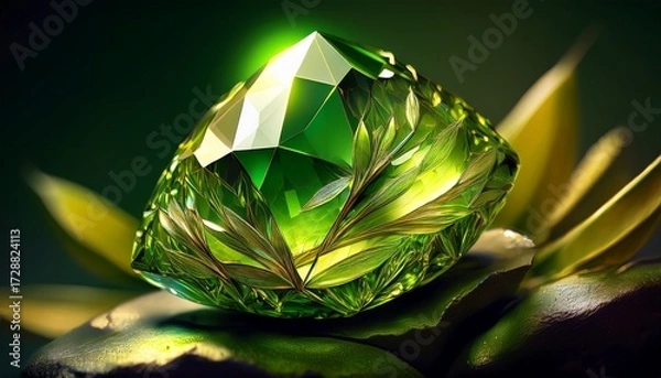 Fototapeta close up of a glowing peridot with abstract olive green hues and intricate facets