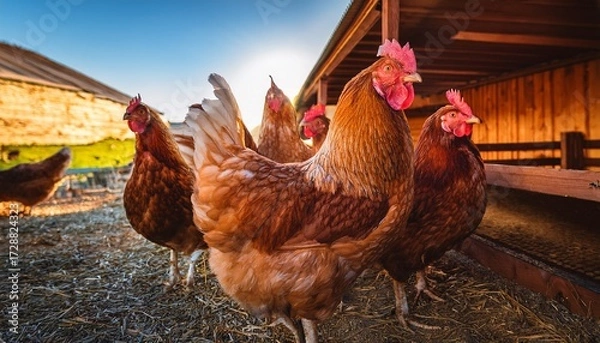Fototapeta hens in a rustic chicken coop at a farm showcasing a tranquil morning with vibrant feathers and attentive expressions