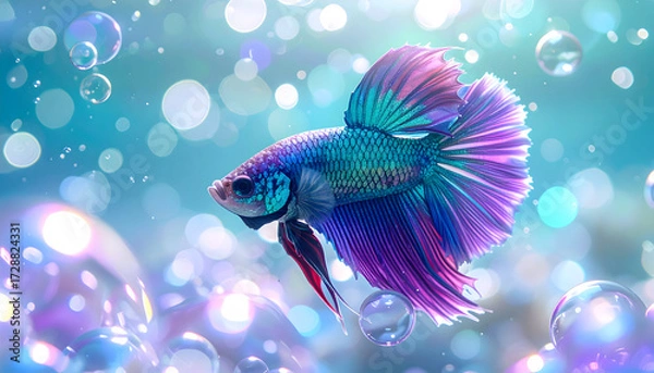 Fototapeta Vibrant Betta in Aquatic Paradise: A beautifully illustrated betta fish, swims through a surreal underwater landscape, its colorful fins and scales gleaming with an ethereal beauty.