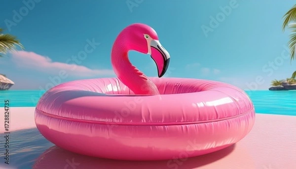 Fototapeta summer pink vacation beach with flamingo inflatable ring isolated on clear background minimal realistic for product mock up or cosmetics with summer pink theme inflatable ring 3d rendering