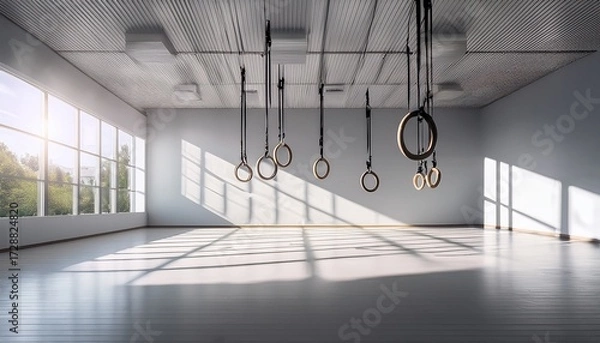 Fototapeta bright sunlight streams through large windows into a minimalist gym illuminating a white wall with distinct shadows gymnastics rings hang from the ceiling the floor is light grey
