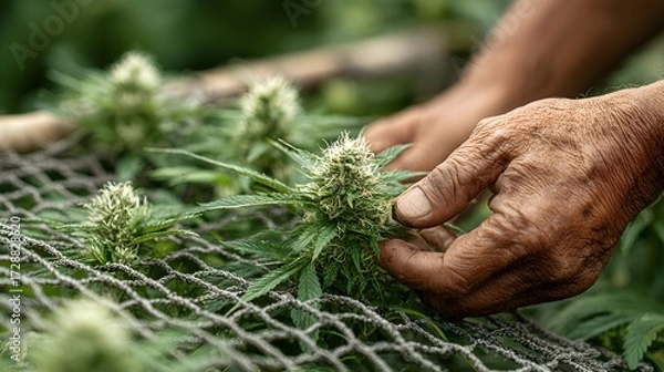 Fototapeta Close up shows weathered hands gently handling cannabis buds drying on a netting surface in the field.