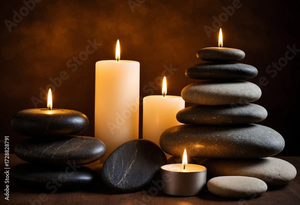 Fototapeta Spa scene with stacked stones and lit candles