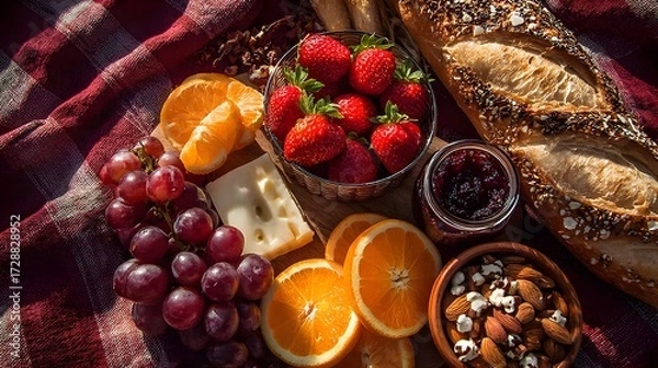 Fototapeta An appetizing picnic assortment displays fresh fruit, bread, cheese, nuts, and jam on checkered cloth.