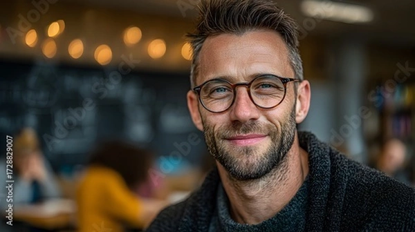 Fototapeta Attractive man with glasses smiles confidently towards the camera in a brightly lit cafe environment today.